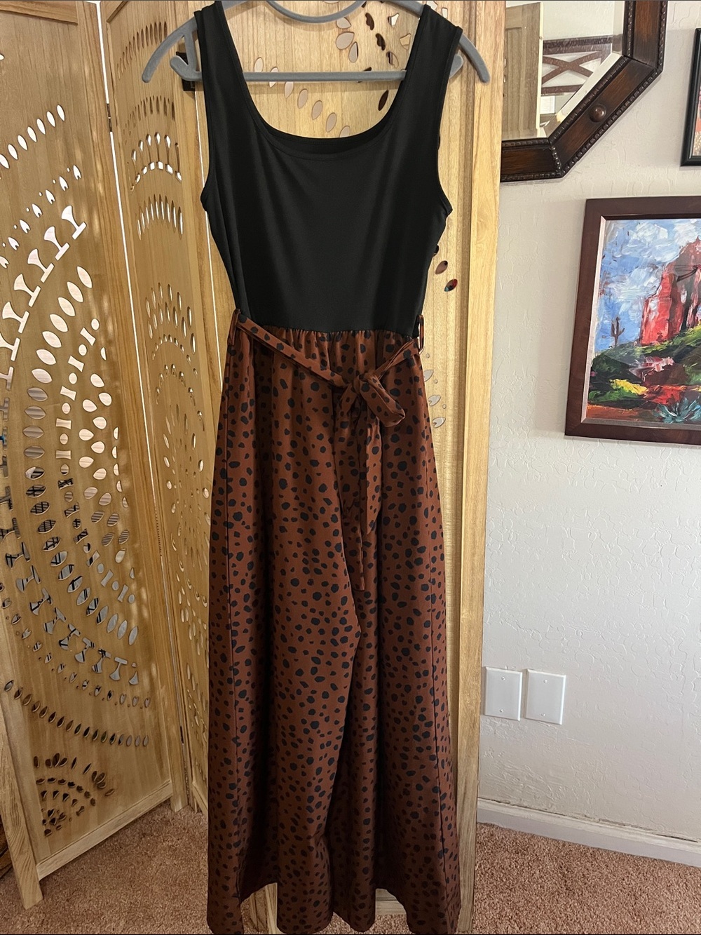 SHEIN Black Sleeveless Top with Brown Polka Dot Maxi Jumpsuit